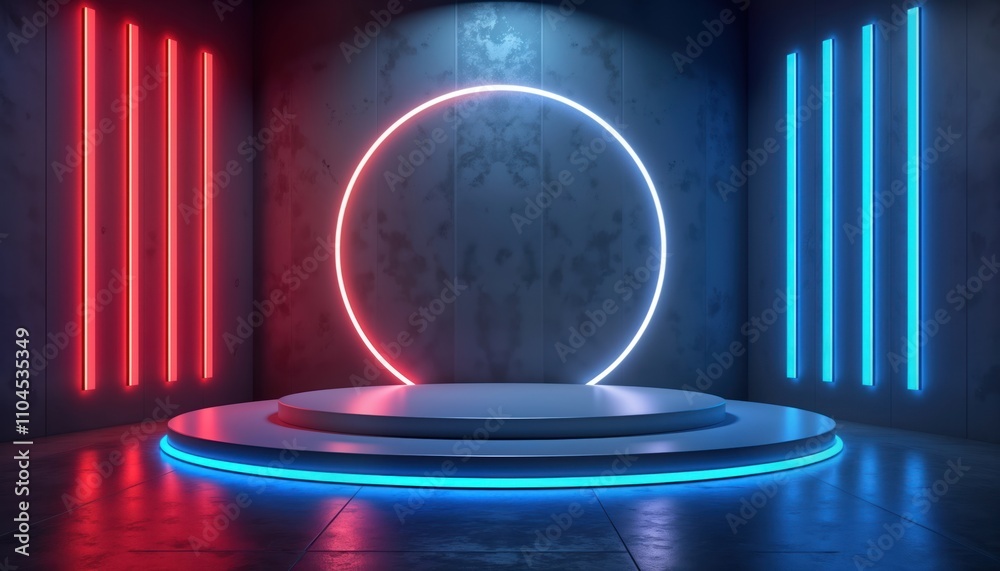 Aufkleber Neon futuristic podium scene with glowing light. Empty circular platform with bright colours. Modern design for product display. Ideal for fashion tech marketing. Abstract geometric shapes create