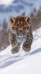 Obraz premium close-up Leopard Cub Playing in the Snow, snow-capped mountains, 
