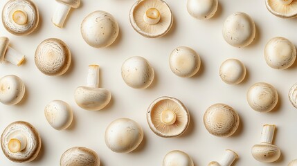 Overhead view of multiple champignon mushrooms in random arrangement, isolated on a white background, vibrant and clean for food advertising