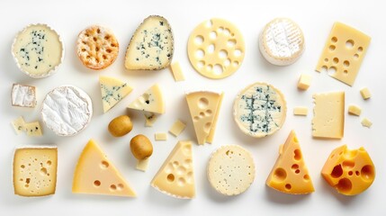 Cheese arranged on a white background