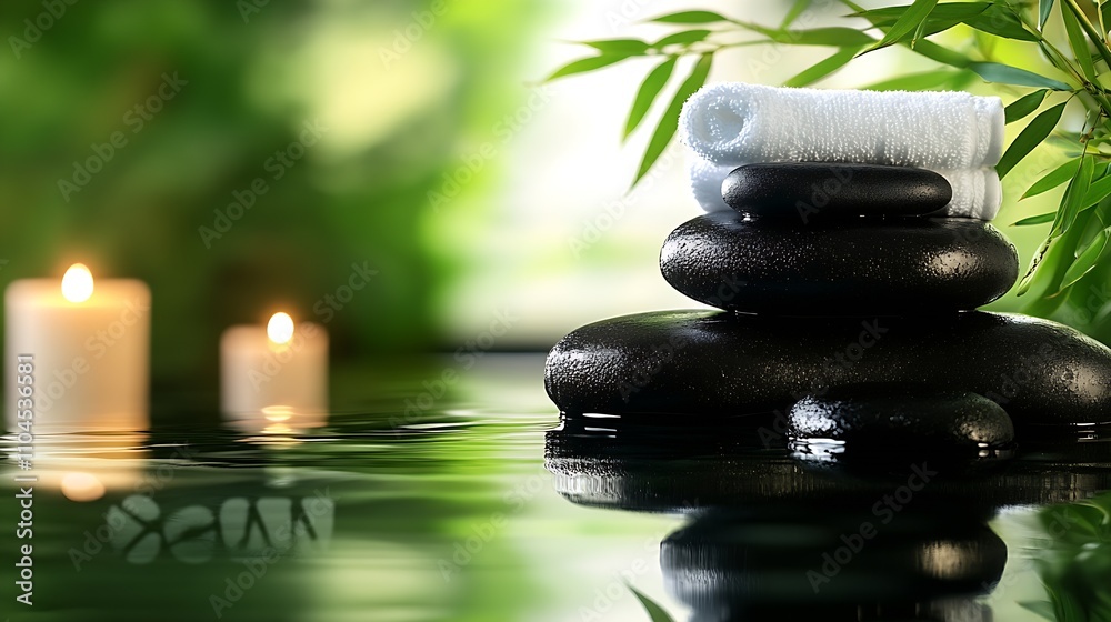 Poster Zen Stones and Candles Creating Tranquil Atmosphere in Natural Spa Setting : Generative AI