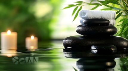 Obraz premium Zen Stones and Candles Creating Tranquil Atmosphere in Natural Spa Setting : Generative AI