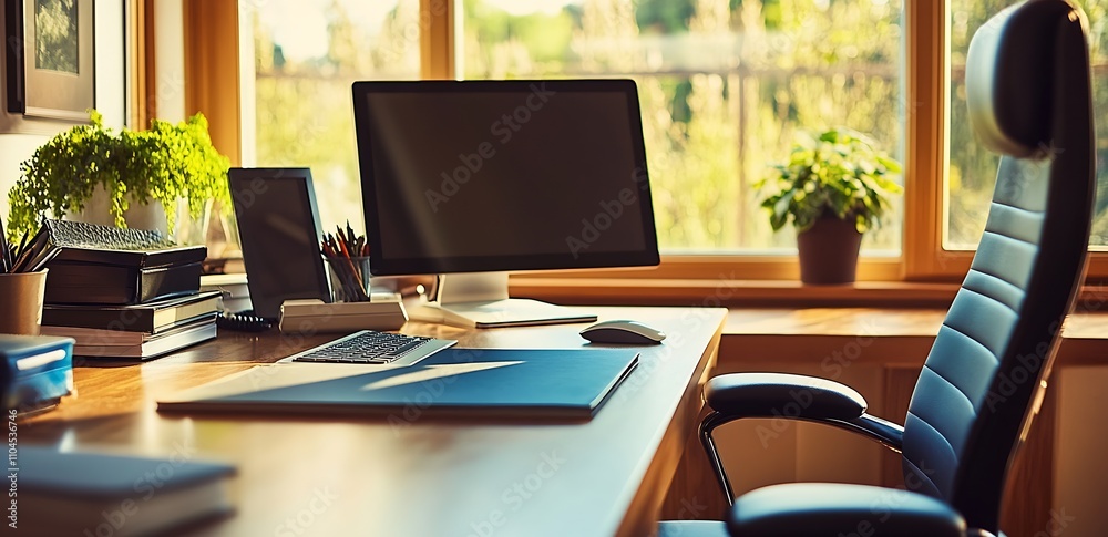 Poster modern home office workspace with ergonomic chair and large windows for natural light and inspiratio