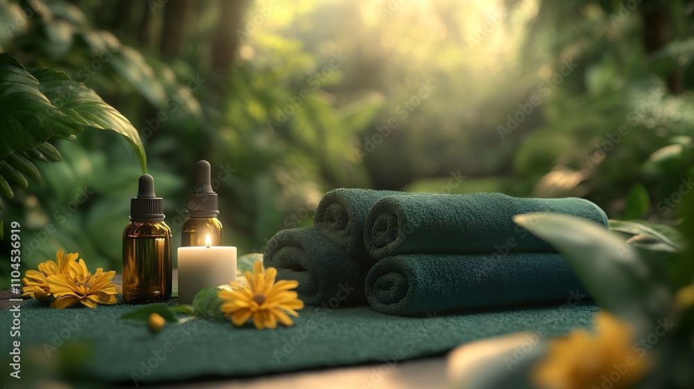 Aufkleber serene spa setting with aromatherapy candles and green towels in lush tropical garden : generative a