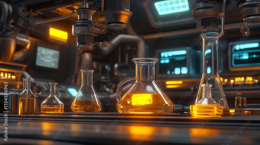 Poster advanced laboratory with futuristic equipment and glowing orange beakers : generative ai