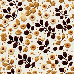 Fototapeta premium Elegant Floral Embroidery Seamless Pattern Brown Beige Gold Flowers Leaves Textile Design