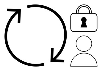 Circular arrows indicating a cycle next to a lock symbolizing security and a user icon. Ideal for cybersecurity, user privacy, data protection, secure login, software updates, access control