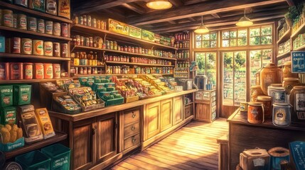 Fototapeta premium An antique grocery shop with wooden shelves filled with vintage cans, glass jars, and colorful packaging, evoking nostalgia in warm light.