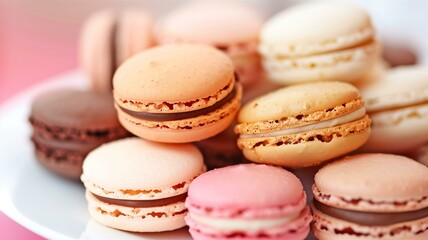 Fototapeta premium Colorful and elegant macarons on a white plate, perfect for dessert displays 