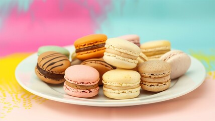 Colorful and elegant macarons on a white plate, perfect for dessert displays
