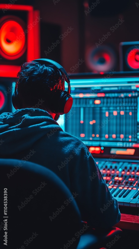 Poster Music Producer in Modern Recording Studio Mixing Sound on Audio Interface : Generative AI