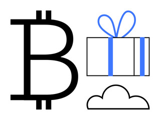 Bitcoin symbol alongside a gift box with a blue ribbon and a simple cloud shape. Ideal for digital currency, cloud storage, online gifting, blockchain technology, fintech, e-commerce, digital