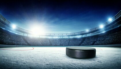 Hockey puck on ice rink. Hockey game.