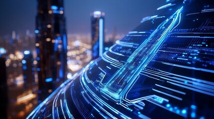 Futuristic skyscrapers, building engineer planning structure with holographic design