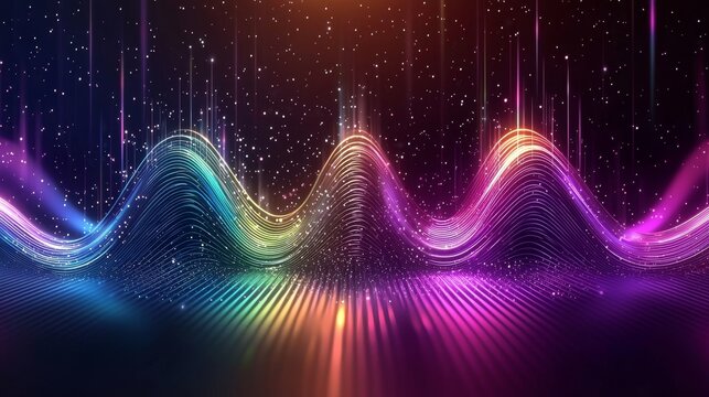 Rainbow soundwave pattern, glowing vibrant lines, motion effect