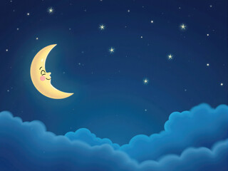 Naklejka premium Smiling moon sleeping peacefully in a starry sky