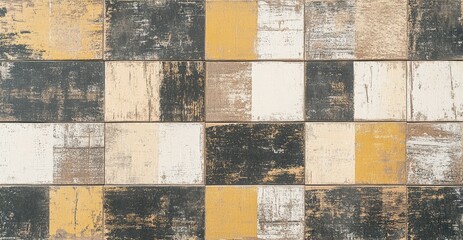 Distressed Wood Tile Grid Beige, Black, and Gold Mosaic Pattern