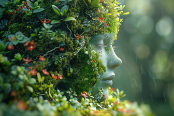 sculpture of a human head stylized as plants. The head is covered with moss, foliage and flowers, which gives it a picturesque and natural appearance,.    Generative AI