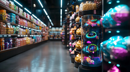 vibrant market filled with colorful displays of snacks and candies, featuring illuminated kiosks showcasing various products. atmosphere is lively and inviting
