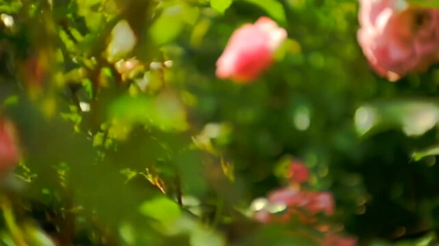 Cámara se adentra en un jardin de rosas rosadas.