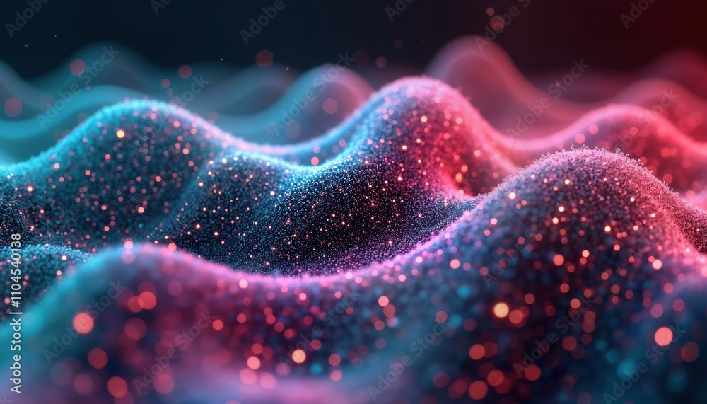 Poster Abstract 3D illustration shows dynamic nanostructure in cyber space. Futuristic design with glowing particles, undulating shapes. AI concept with advanced tech, network communication. Dynamic,