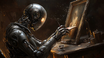 Fototapeta premium dark gothic image of AI automaton painting masterpiece, showcasing intricate details and blend of technology and art. atmosphere is mysterious and captivating