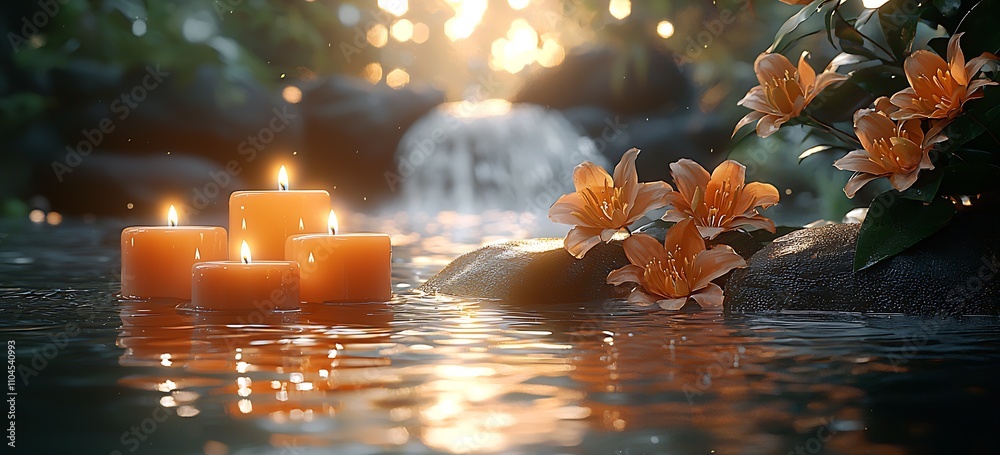 Poster serene water setting with floating candles and vibrant flowers by gentle waterfall : generative ai