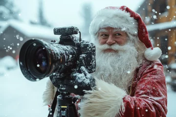 Santa Claus stands in the snow holding a camera, looking playful. Concept of winter photography fun.