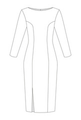 Fitted midi dress with long sleeves, a round neckline, and a front slit illustrated as a minimalist technical sketch