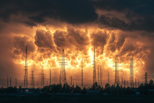 Haarp facility radio towers against stormy sky, visible electromagnetic waves.