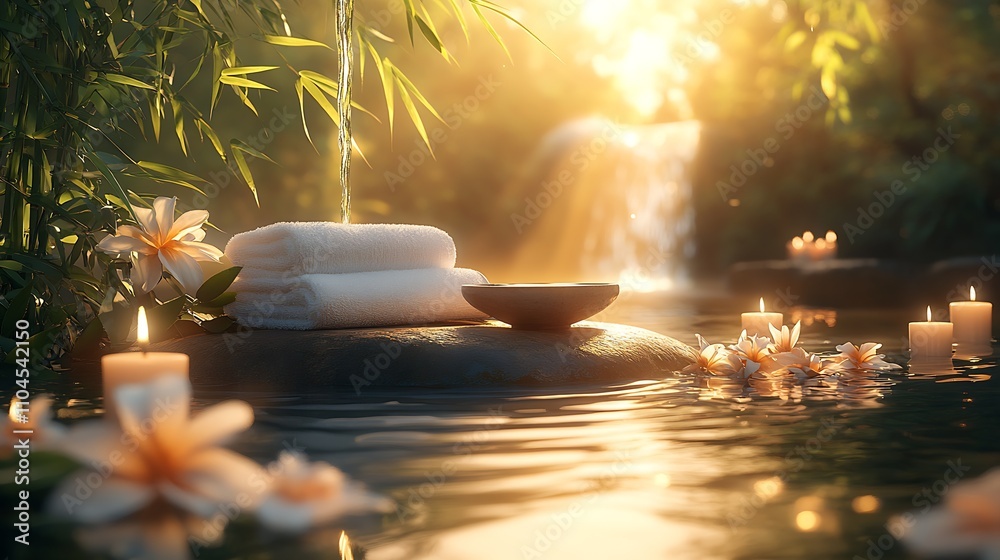 Poster serene spa escape with tranquil waterfall and ambient candle light : generative ai