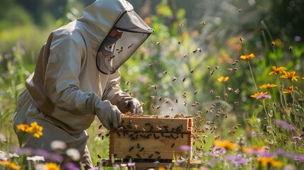 An experienced beekeeper carefully tending to beehives in a vibrant flower field
