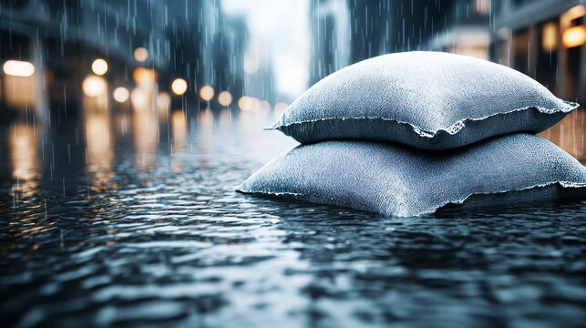 Flooded city street with sandbags as defense, water rising, detailed close-up for disaster preparedness or urban flood awareness ads