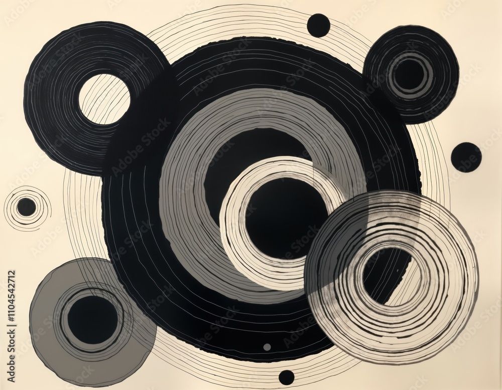 Leinwandbilder abstract art piece features concentric circles in black, grey tones. layered circles create sense of