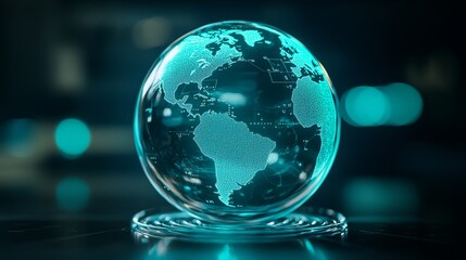 Glass Earth globe floating in soft light, continents represented as translucent forms, a glowing symbol of our fragile and interconnected world