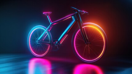Fototapeta premium A futuristic bicycle with sleek design, glowing lights, and vibrant colors in a modern studio setting. Perfect for tech or innovation themes.