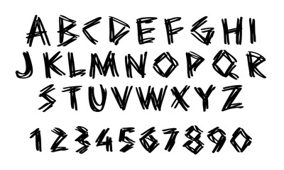 Angular handwritten English alphabet and numbers. Doodles and squiggles. Vector set