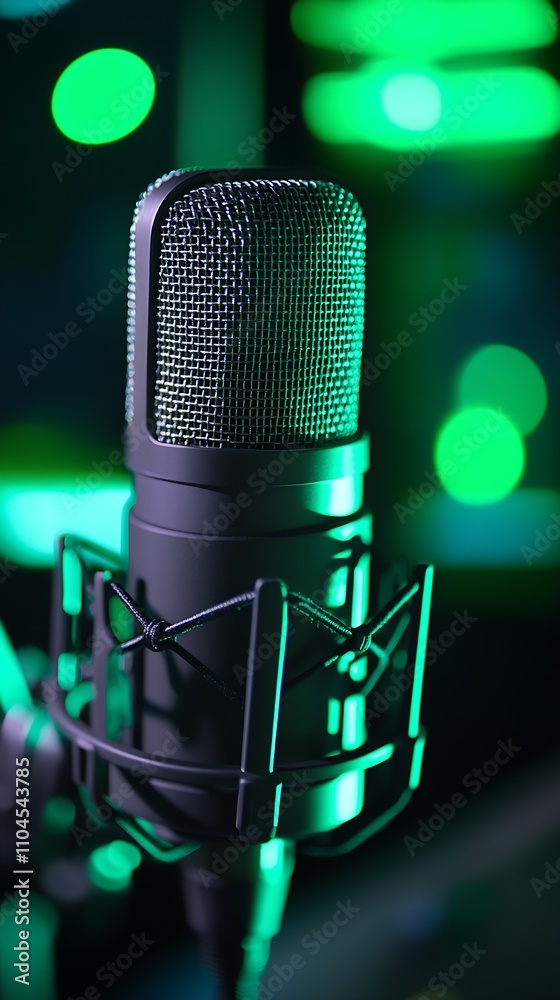 Poster dynamic studio microphone with green led lighting for modern music and podcast production : generati