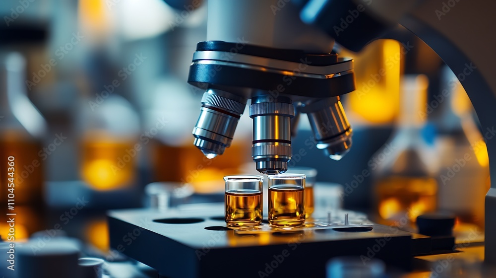 Fototapete closeup of a laboratory microscope with amber samples and bottles : generative ai