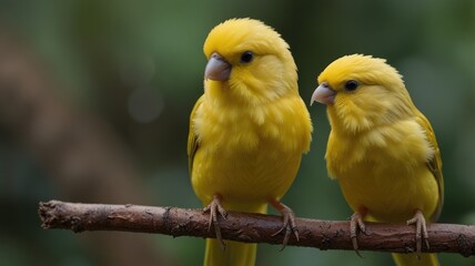 Two yellow birds perched on a branch.