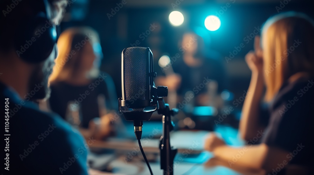 Poster Podcast Group Discussion in a Modern Studio Focusing on Microphone Setup and Hosts : Generative AI
