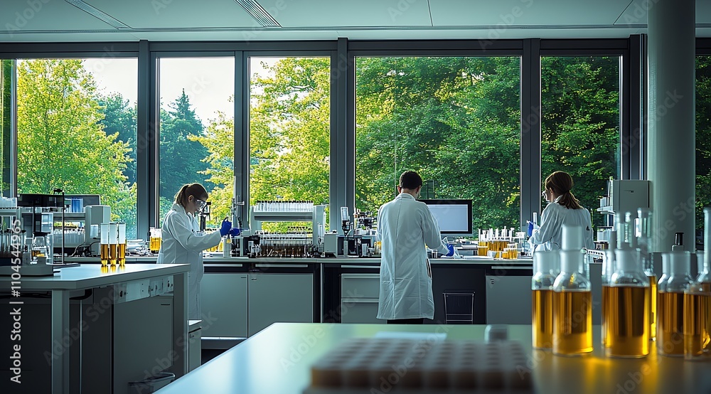 Poster research team conducting experiments in a sunlit laboratory surrounded by greenery : generative ai