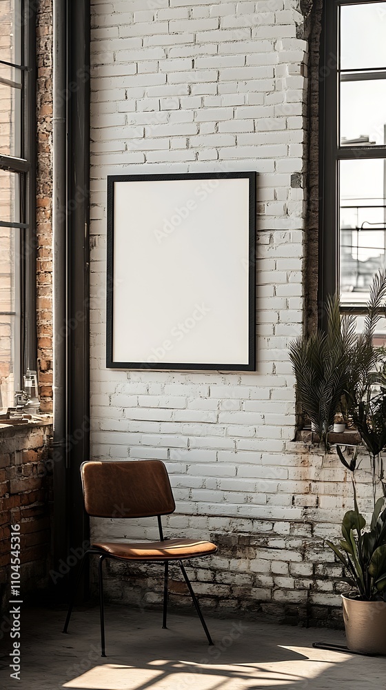 Poster sunlit industrial loft space with blank framed canvas on wall : generative ai