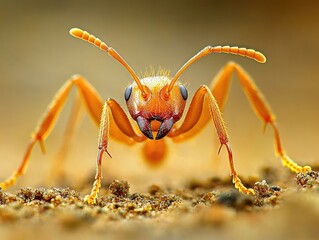 Naklejka premium Close-up of an orange ant, facing the camera, on the ground.