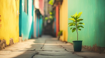 Obraz premium Small tree thrives in vibrant city alley showcasing resilience and hope for Earth Day celebrations