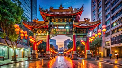 Gate to Chinatown in Yaowarat street, Bangkok, with traditional Chinese architecture and lanterns, Chinatown