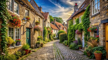 Fototapeta premium Charming alley in a quaint village with traditional houses and cobblestone paths, alley, quaint, village, charming