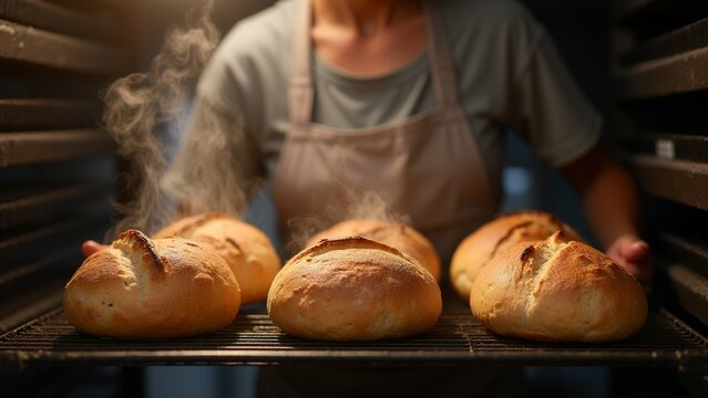 The image shows a person wearing a beige apron standing in front of an oven. The person is holding a tray of freshly baked bread rolls in their hands.