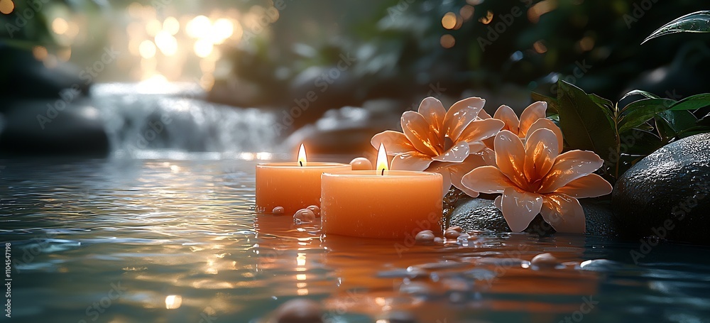 Aufkleber relaxing water environment with floating candles and beautiful blooms by waterfall : generative ai