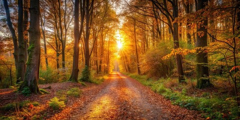 Sunset trail through woodland in autumn , sunset, trails, woodland, autumn, golden light, leaves, long shadows
